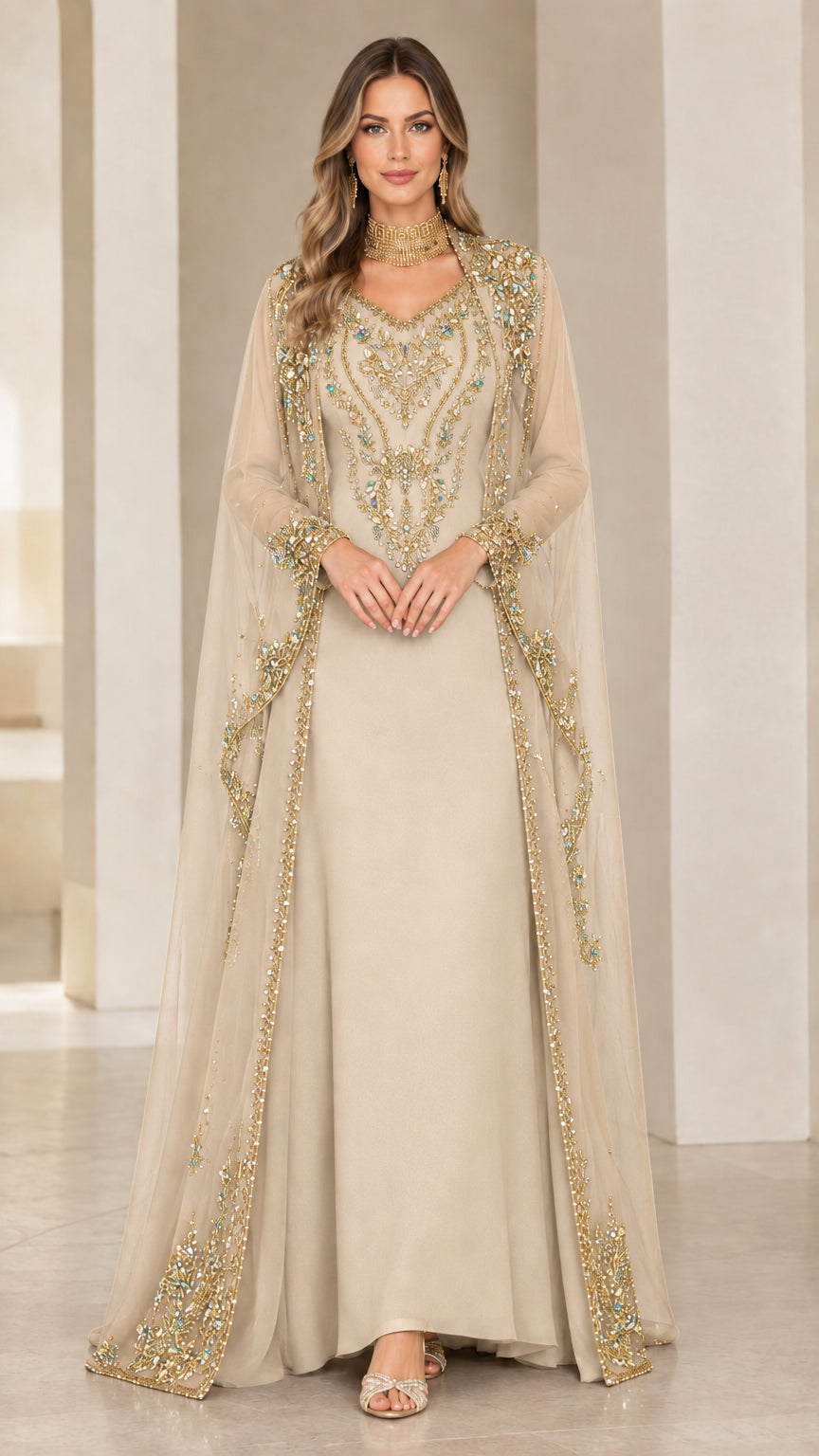Full-length front view of champagne gold embellished cape evening maxi dress