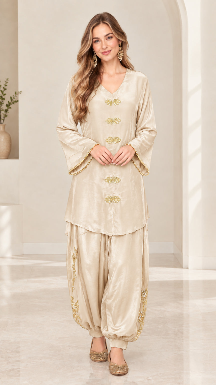 Full front view of champagne gold satin embroidered tunic and salwar co-ord set