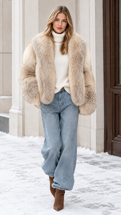 Front view of model wearing a cream beige faux fur outerwear coat