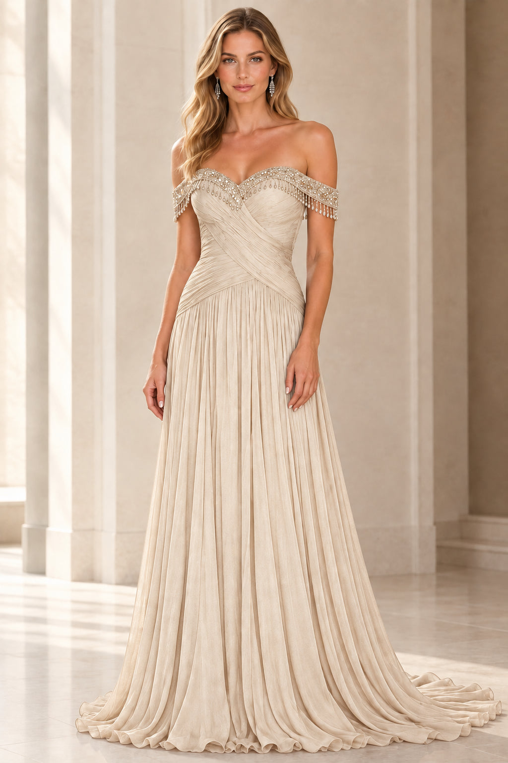 Champagne beige off-the-shoulder formal evening gown with beaded fringe