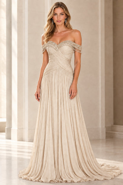Champagne beige off-the-shoulder formal evening gown with beaded fringe