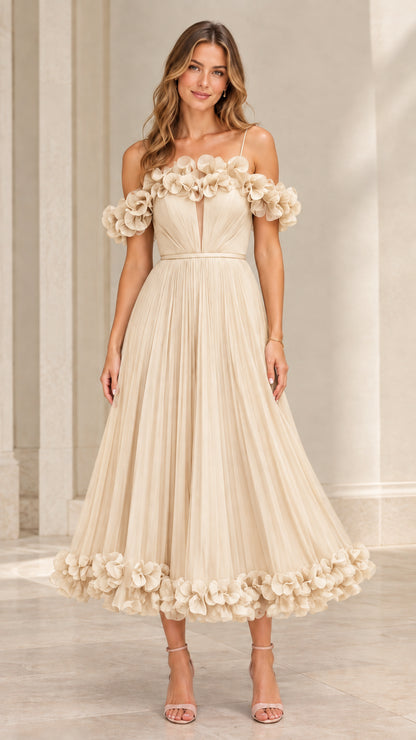 Full-length view of champagne beige 3D floral applique pleated tea-length gown