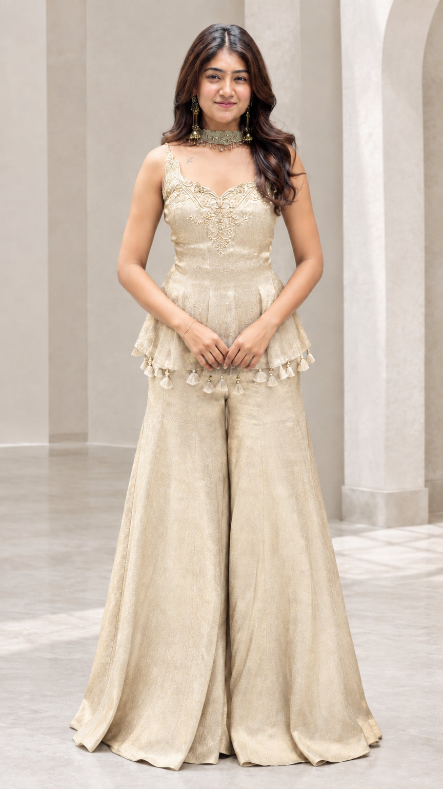 Front view of woman wearing champagne gold embroidered peplum sharara pants set