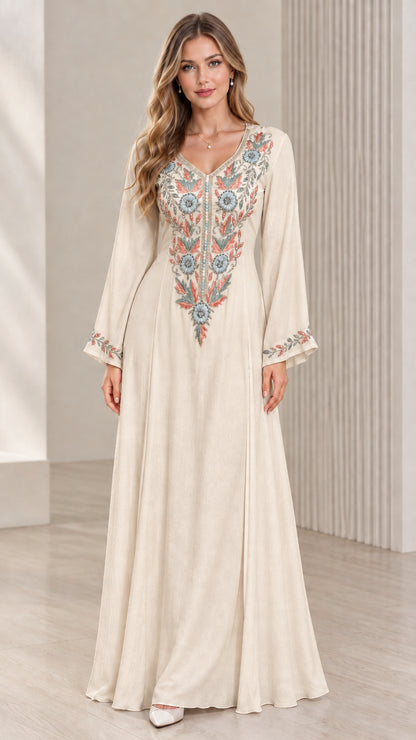 Cream beige embroidered V-neck flared sleeve maxi dress