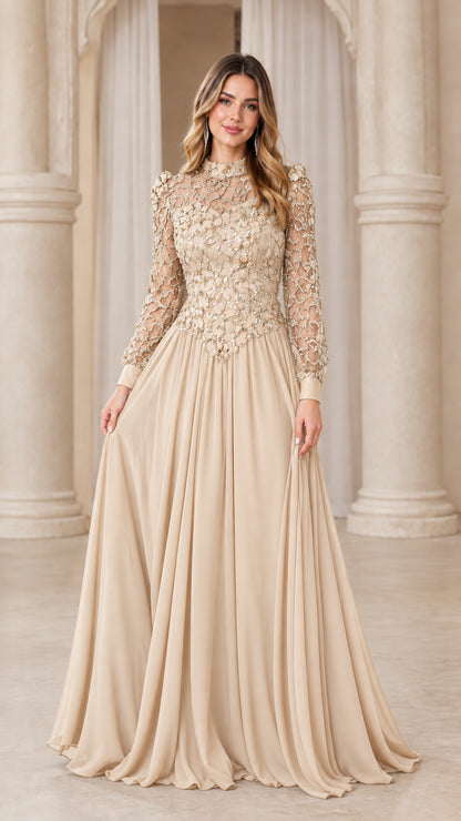 Front full view of woman wearing champagne beige long sleeve beaded lace evening gown
