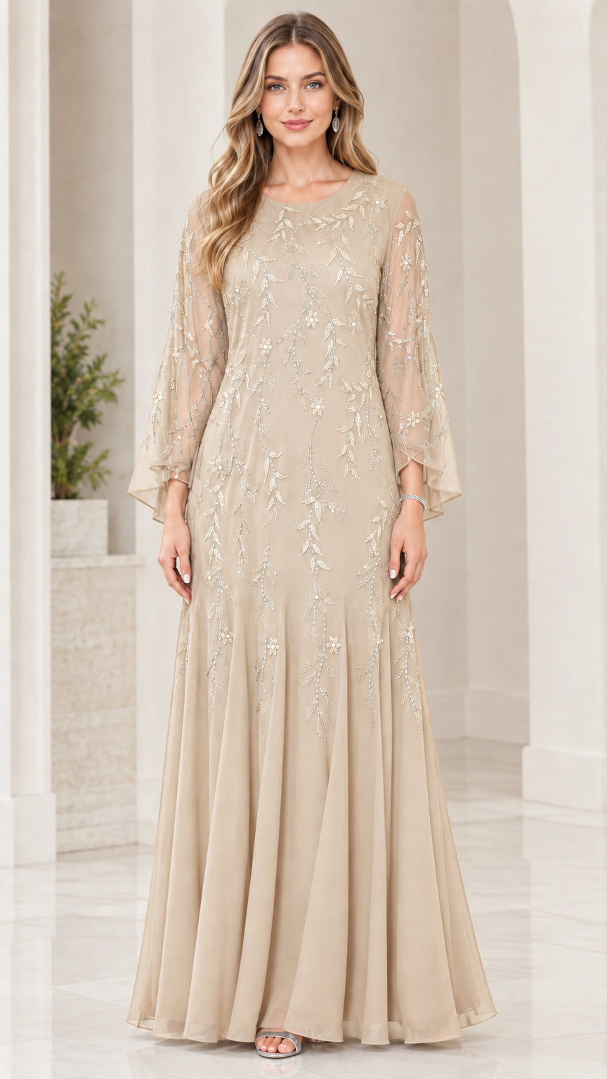 Front view of model wearing Champagne gold sequin embellished chiffon evening gown