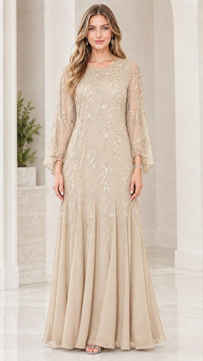 Front view of model wearing Champagne gold sequin embellished chiffon evening gown