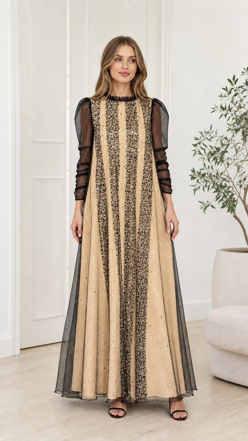 Front view of the Champagne Gold striped sequin tulle maxi gown