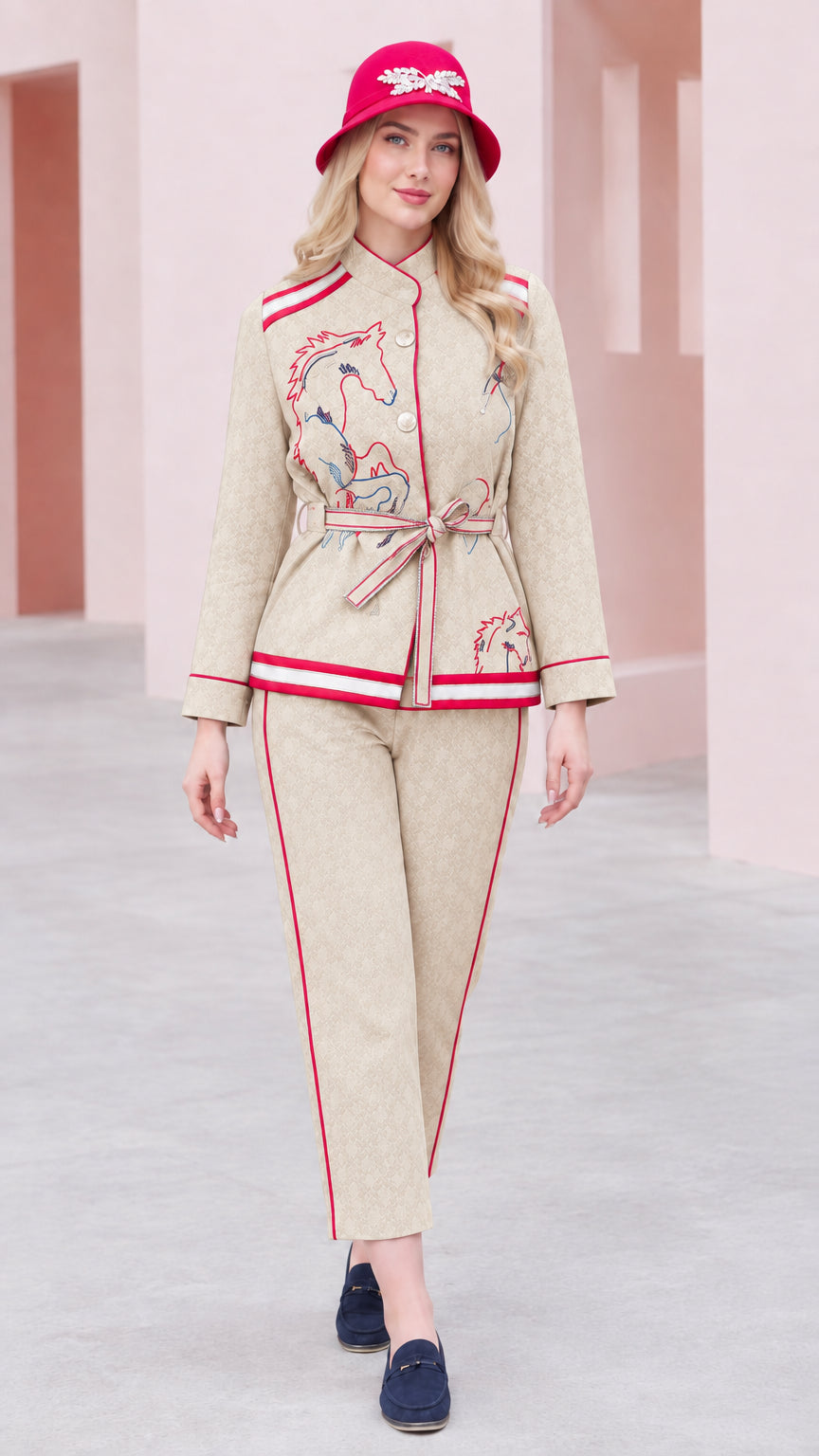 Beige cream embroidered jacket and trousers coordinated set