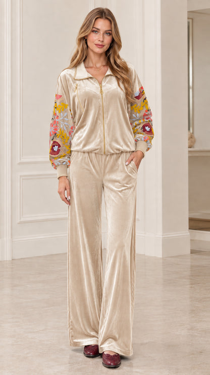 Champagne cream embroidered velvet tracksuit set full front view