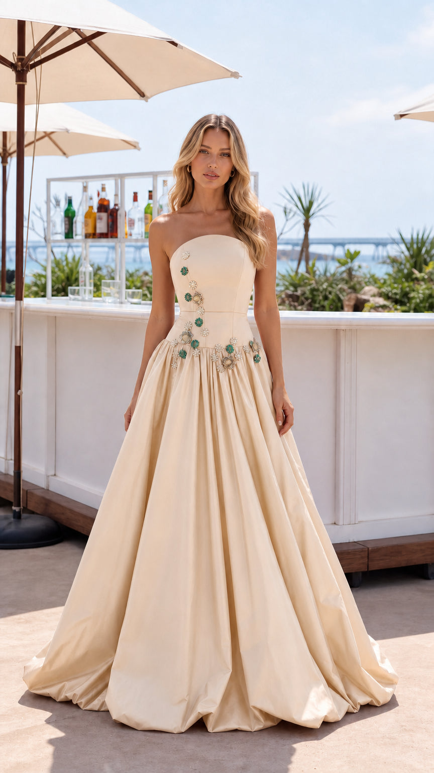 Champagne cream strapless crystal formal evening gown