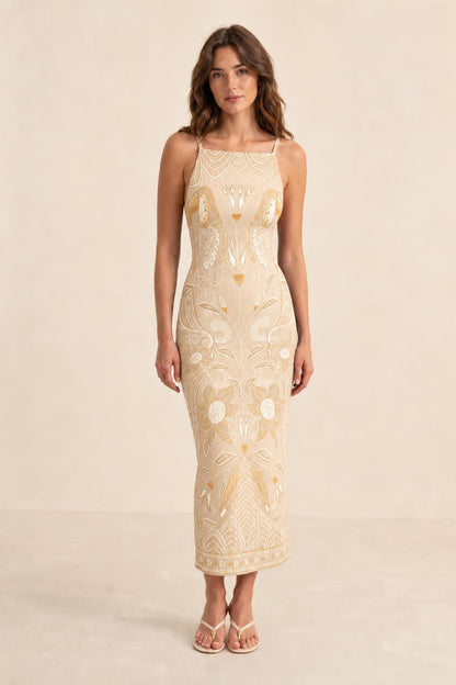 Full length front view of model wearing Beige printed midi dress