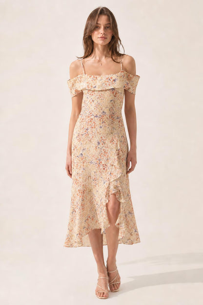 Women's Off-Shoulder Floral Ruffle Midi Dress with Spaghetti Straps