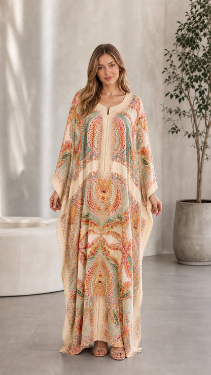 Front view of model wearing Beige bohemian print kaftan maxi dress