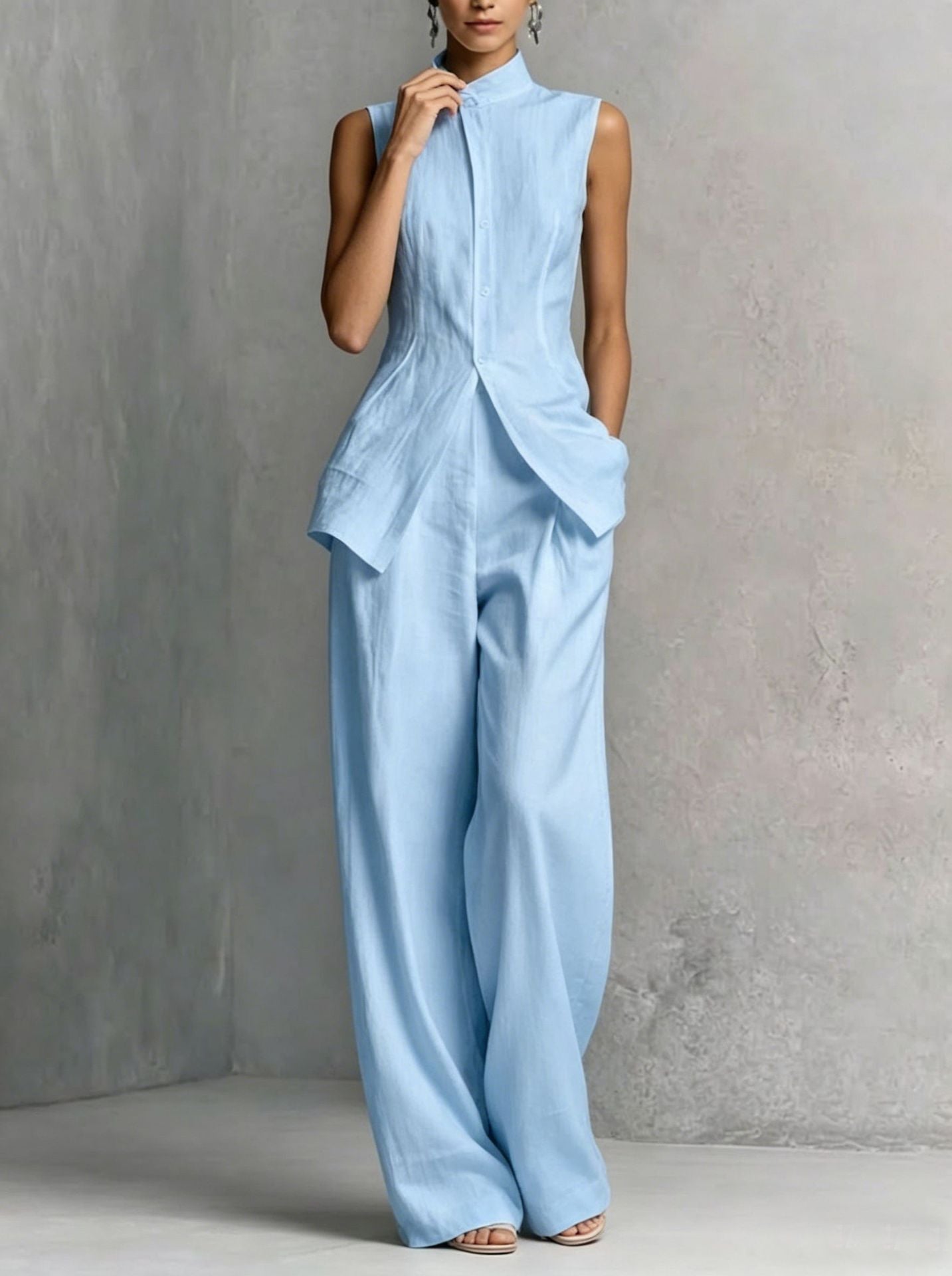 Ivory Sleeveless High-Neck Wide-Leg Two-Piece Set