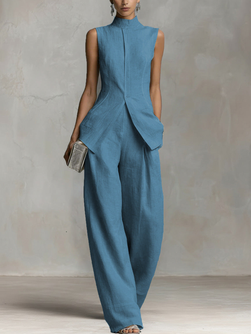 Ivory Sleeveless High-Neck Wide-Leg Two-Piece Set