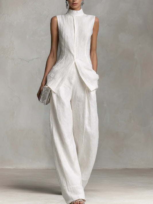 Ivory Sleeveless High-Neck Wide-Leg Two-Piece Set